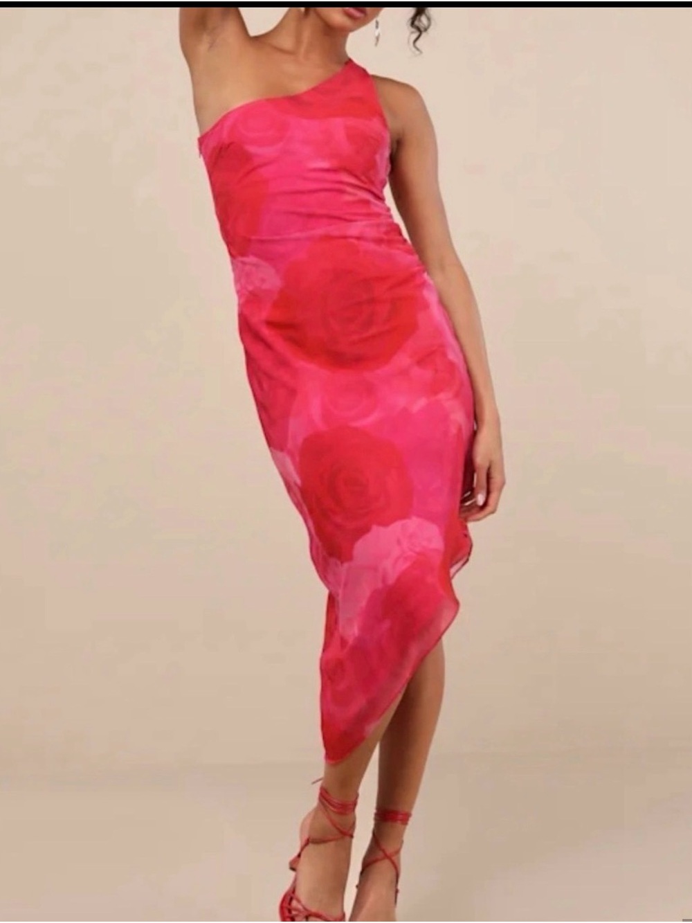 Lulu's One-Shoulder Rose-Print Pink Sheath Dress